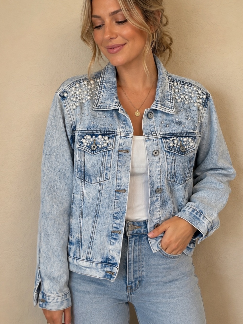 Umgee Light Blue Pearl Embellished Denim Jacket - Women